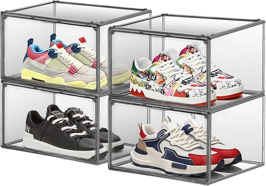 4 Pack Grey Large Shoe Storage Boxes Clear Plastic Stackable Shoe Display Case with Magnetic Door, Easy Assembly Fit up to US Size 13