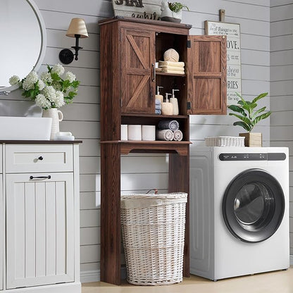 ACCOHOHO Over The Toilet Storage Cabinet, Farmhouse Bathroom Cabinet with Adjustable Shelf & Barn Door, 67" Tall Over The Toilet Shelf, Brown