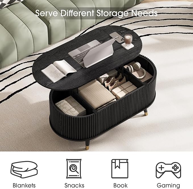SULIVES Oval Coffee Table with Storage, Multifunctional Coffee Table with Lifting Top, Small Fluted Center Table for Living Room, Black