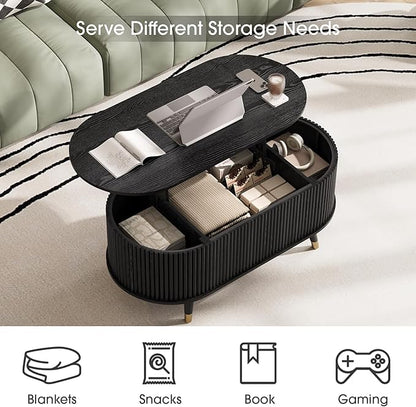 SULIVES Oval Coffee Table with Storage, Multifunctional Coffee Table with Lifting Top, Small Fluted Center Table for Living Room, Black
