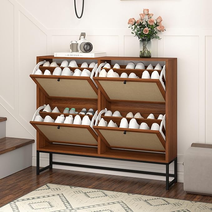 Shoe Cabinet, Shoe Storage Cabinet with 4 Flip Drawers, Freestanding Shoe Organizer Shoe Rack for Entryway, Hallway, Living Room (Walnut - 8 Tiers)