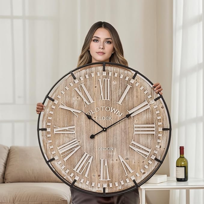 MICWIC Farmhouse Wall Clock 30 Inch - Rustic Wood Metal Decor, Silent Sweep, Battery Operated for Living Room Kitchen Office, Brown