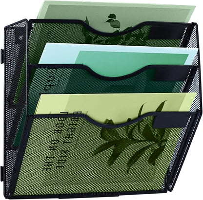 3 Tier Mesh Hanging File Organizer Vertical Wall File Organizer Wall File Holder for Office School Home, Black