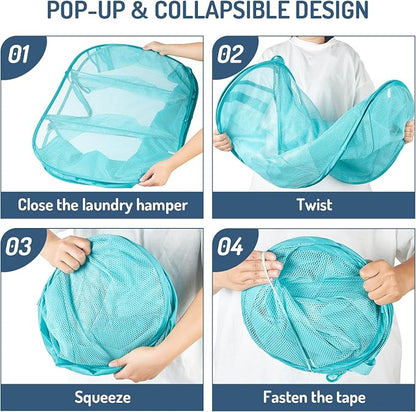 Seiritex Mesh Popup Laundry Hamper 3 Compartment Sortable Horizontal Collapsible Laundry Basket for Clothes Laundry Room Bedroom Toys Travel (Turquoise Blue)