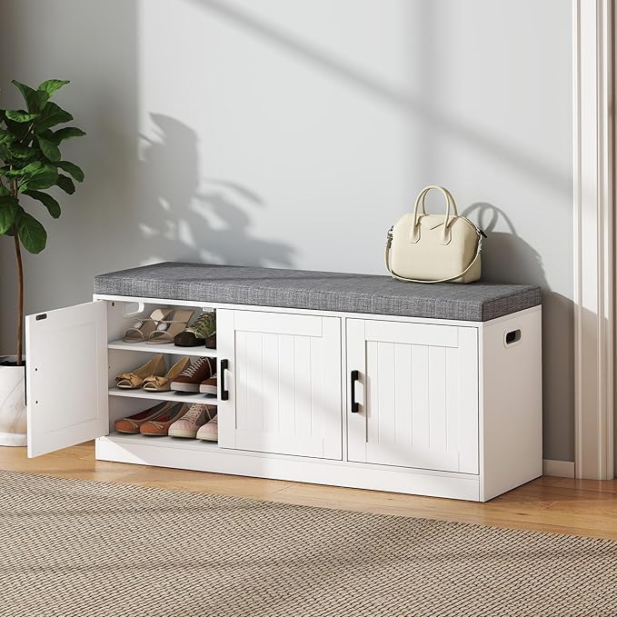 Shoe Storage Bench with Storage Cabinet, 3-Tier Entryway Bench with Padded Seat Cushion, Wood Shoe Cabinet Bench with 4 Adjustable Shelf for Living Room, Bedroom, White