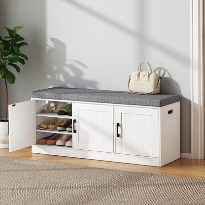 Shoe Storage Bench with Storage Cabinet, 3-Tier Entryway Bench with Padded Seat Cushion, Wood Shoe Cabinet Bench with 4 Adjustable Shelf for Living Room, Bedroom, White