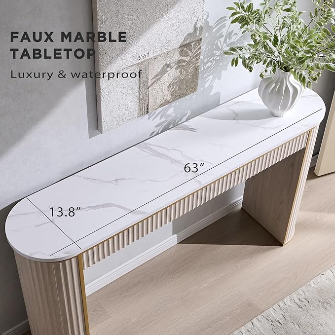 OKD Modern Fluted Console Table, 63" Long Narrow Entryway & Sofa Tables for Hallway, Tall Accent Table Behind Couch for Foyer Living Room, White Alder