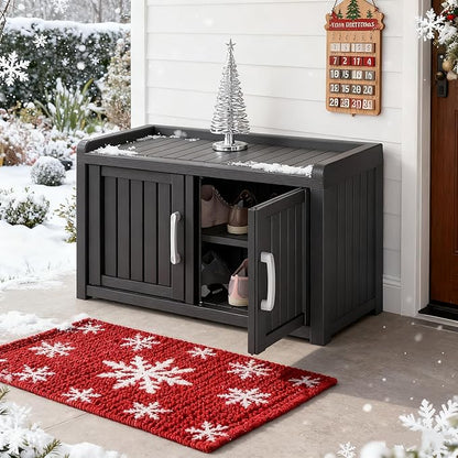 2-Tier Storage Bench, Waterproof UV-Resistant Outdoor Shoe Storage Cabinet with 2 Doors & Adjustable Shelves for Indoor Outdoor Entryway, Hallway, Living Room (Midnight Black)