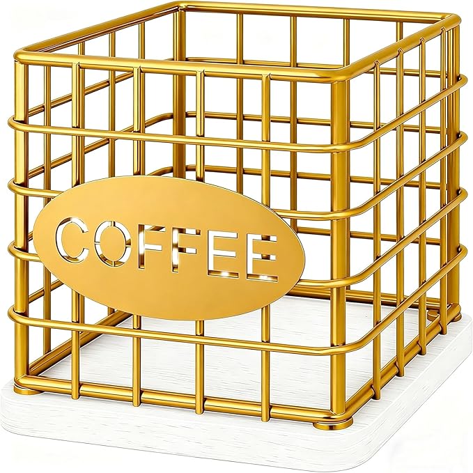 YATINEY Coffee Pod Holder for K Cup, Large Capacity Coffee Pod Organizer, Versatile Coffee Capsule Storage Basket with Wooden Base, Gold and White KH10DW