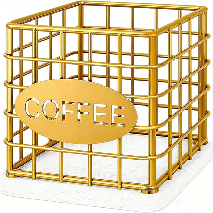 YATINEY Coffee Pod Holder for K Cup, Large Capacity Coffee Pod Organizer, Versatile Coffee Capsule Storage Basket with Wooden Base, Gold and White KH10DW