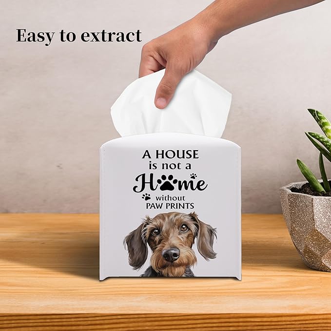 Grace Yonks Cute Dachshund Tissue Box Cover Square, Wiener Dog Cube Case for Facial Tissues, 5.2" PU Leather(037)