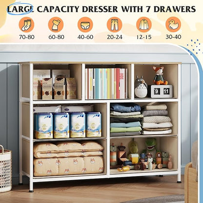 WLIVE 7 Drawer Dresser TV Stand, Entertainment Center, Media Console Table with Metal Frame and Wood Top for TV up to 45 inch, Chest of Drawers for Bedroom, Living Room, Cream White