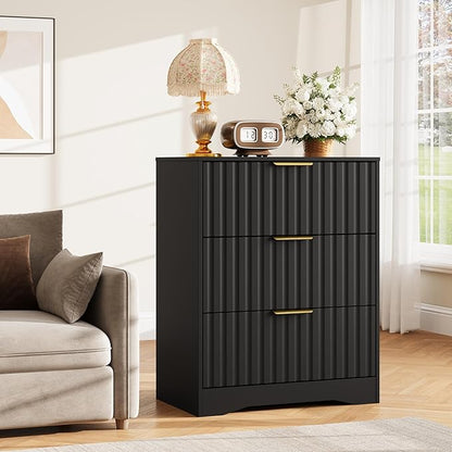 Fluted 3 Drawer Dresser for Bedroom, 30" Tall Modern Wood Dressers Chest of Drawers with Metal Handle, Large Nightstand End Table for Living Room, Closet, Entryway, Black