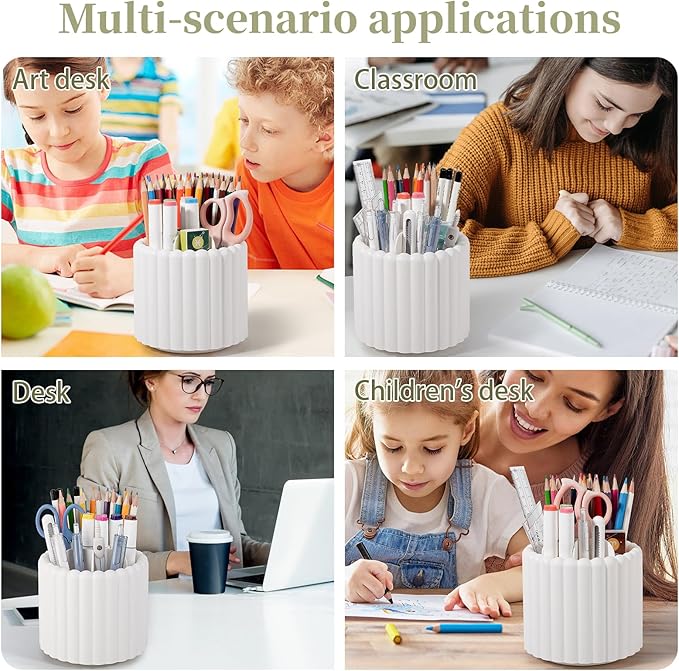 Anyoifax 360° Rotating Pen Holder 7 Slots Desk Organizer Removable Pencil Cup Plastic Art Supplies and Accessories Desktop Storage Box Caddy for Office, School, Home (White)