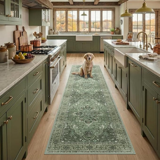 RELEANY Area Rugs Runner 2'6"x8' Washable Non-Slip, Floral Vintage Distress Medallion Carpet for Kitchen Hallway Bedroom Beside Laundry Room Bathroom, Dark Green Gray