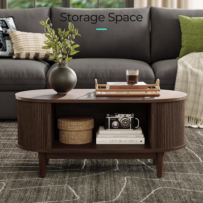 LINSY HOME Oval Coffee Table, Wood Coffee Table with Storage, Fluted Accent Center Table with Sliding Tambour Door, 39" Mid Century Modern Coffee Tables for Living Room, Bedroom, Apartment, Walnut
