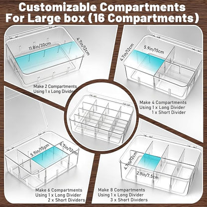 Tea Bag Organizer, 2 Pcs Clear Tea Organizers, Acrylic Storage Box with Lids, Stackable Partition Holder for Drawers, Countertops, Fridge, Kitchen (16 Compartments + 8 Compartments)