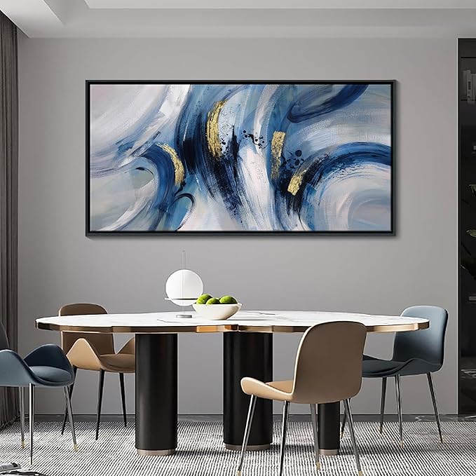 Abstract Line Art Framed Canvas - Blue and Grey Modern Wall Decor, Large 20x40 Inches, Minimalist Bedroom & Living Room Art, Ready to Hang