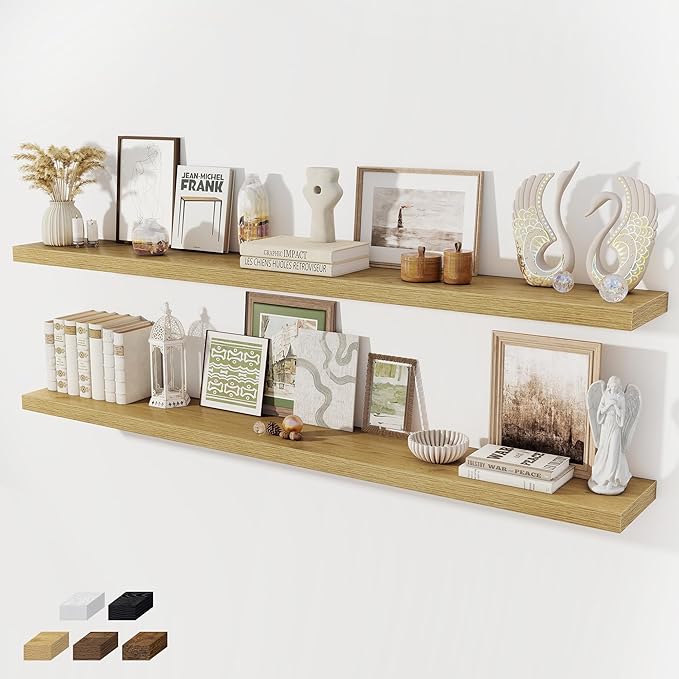 Fun Memories 72 Inch Floating Shelves for Wall 8 Inch Deep Oak Shelves Set of 2, Wall Mounted Rustic Wood Long Floating Shelf, Large Display & Storage Shelf with Invisible Brackets
