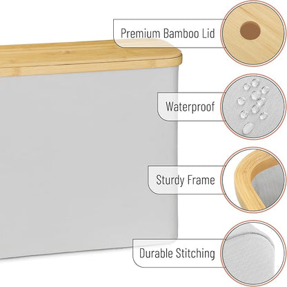 BAMBOO LAND- Toilet Paper Storage with Bamboo Lid for 12 Rolls, Light Gray, Waterproof Bamboo Toilet Paper Holder Basket
