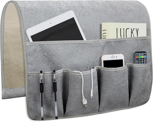 NB Sofa Armrest Organize Remote Holder Bedside Caddy Organizer With 5 Pockets，Non-Slip Couch Remote Control Holder Couch Armchair Caddy Accessories (Gray, 35''X18'')