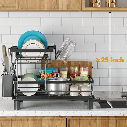 Dish Drying Rack, 2 Tier Dish Racks for Kitchen Counter, Compact Drying Rack Kitchen, Rust-Resistant Dish Drainer, Detachable Space-Saving Dish Rack with Drainboard, Utensil Holder, Black