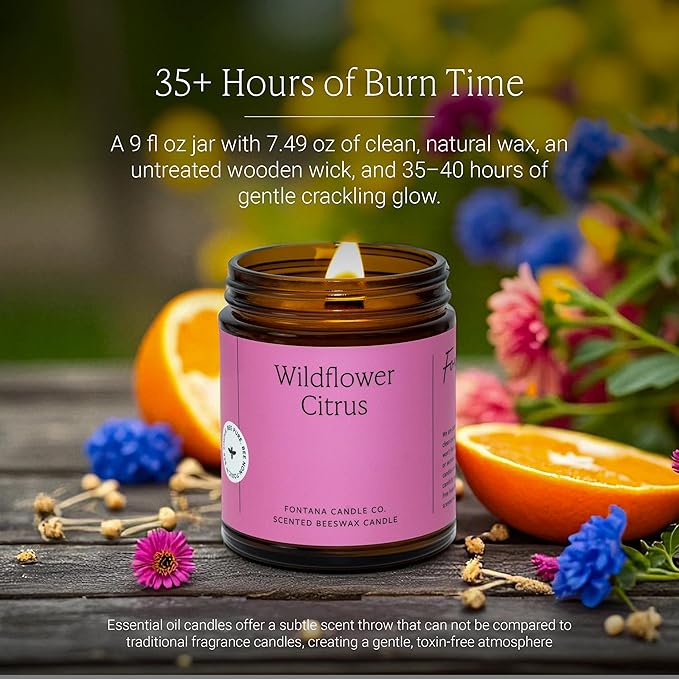 Fontana Candle Co Wood Wick Beeswax Jar Candles, Wildflower Citrus - Made with Coconut Oil & Pure Essential Oils – Clean Burn, Long Lasting and Non-Toxic Candles for Home & Room Decor