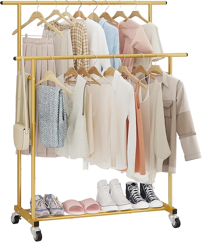 Calmootey Double Rod Clothing Garment Rack,Rolling Hanging Clothes Rack,Portable Clothes Organizer for Bedroom,Living Room,Clothing Store,Gold