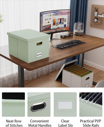 2 Pack File Storage Organizer, Portable File Box with Lid, Fit for Letter/Legal File Folder Storage, Grey-green (Leather) Box