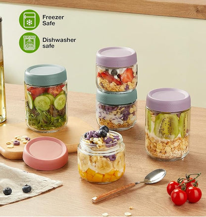 9 Pack Overnight Oats Containers with Lids, Large & Small Glass Mason Jars 16oz & 10oz & 4oz, Glass jars with Airtight Lids, Salad Meal Prep Jars for Food Storage, Overnight Oats Jars for Milk, Fruit
