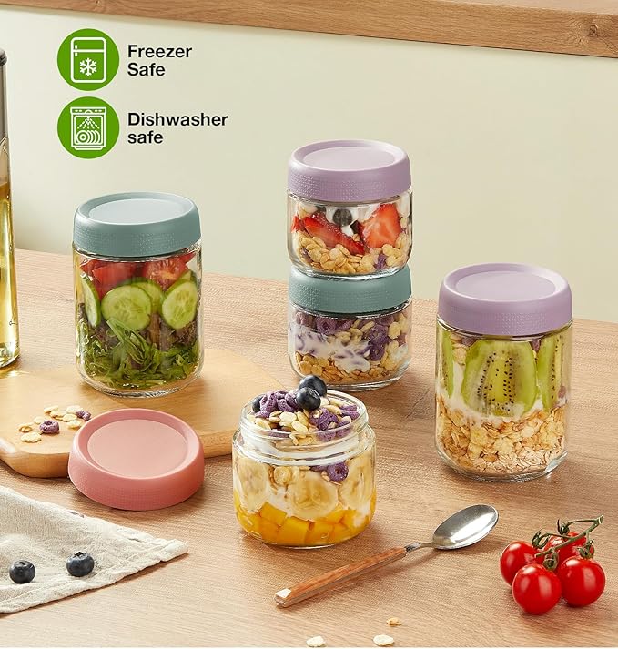 6 Pack Overnight Oats Containers with Lids, Wide Mouth Mason Salad jars 16oz, Glass Jar with Airtight Lids, Salad Meal Prep Jars for Food Storage, Overnight Oats Jars for Milk, Fruit