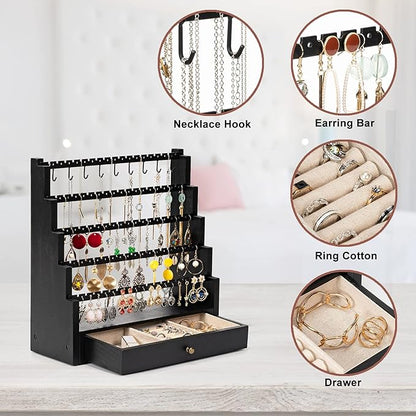 Pinzoveco Earring Organizer, 5 Layer Earring Holder Organizer with Metal Necklace Holder Pole, Rustic Wood Jewelry Organizer Stand Display for Stud Earring Bracelet Necklace Ring, 175 Earring Holes