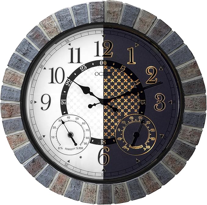 OCEST 18 Inch Large Outdoor Clock Waterproof Thermometer Hygrometer Combo Night Light Illuminated Wall Clocks Battery Operated Silent Non-Ticking Ideal Patio Clock for Garden Pool Porch Yard Garage