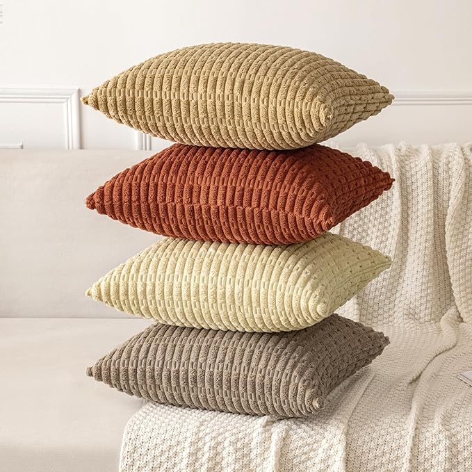 MIULEE Pack of 2 Dark Rust Corduroy Decorative Pillow Covers 12x12 Inch Soft Boho Striped Throw Pillow Covers Modern Farmhouse Home Decor for Summer Sofa Living Room Couch Bed