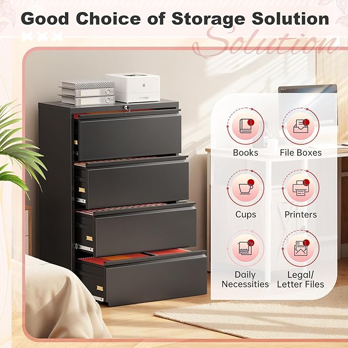 Superday Lateral File Cabinet 4 Drawer Metal File Cabinet with Lock, Black Filing Cabinets for Home Office, Locking Filing Cabinets Hanging Files Letter/Legal/F4/A4
