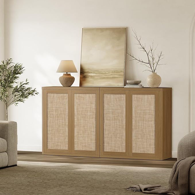 SICOTAS 64" Rattan Modular Buffet Sideboard Storage Cabinet - Large Credenza Console Table with Adjustable Shelves, Farmhouse Boho Coffee Bar Cabinet Stand for Living Room, Hallway, Dining Room