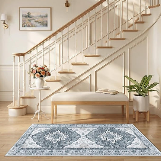 RELEANY Area Rugs Runner 2'6"x5' Washable Non-Slip, Floral Vintage Distress Medallion Carpet for Kitchen Hallway Bedroom Beside Laundry Room Bathroom, Light Gray Grey White