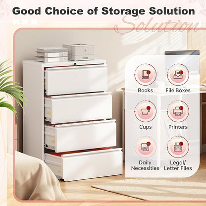 Superday Lateral File Cabinet 4 Drawer Metal File Cabinet with Lock, White Filing Cabinets for Home Office, Locking Filing Cabinets Hanging Files Letter/Legal/F4/A4