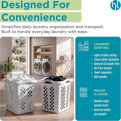 Home Logic 2 Bushel Plastic Laundry Basket Lamper, Large Laundry Hamper with Handles, Ventilated Clothes Organizer for Bedroom Bathroom Closet, 6 Pack, White