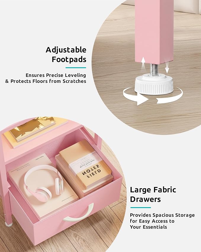 Lazzanto Night Stand Bedside Charger Bedroom - Nightstand with Charging Station & LED Light Strip, Night Stand with Storage Shelf & 3 Fabric Drawers, Morden End Table with USB Ports&AC Outlets,Pink