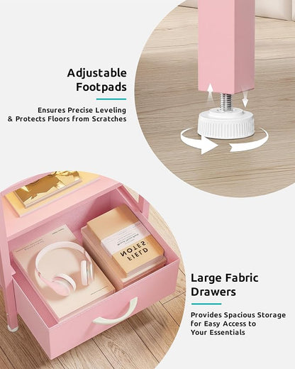 Lazzanto Night Stand Bedside Charger Bedroom - Nightstand with Charging Station & LED Light Strip, Night Stand with Storage Shelf & 3 Fabric Drawers, Morden End Table with USB Ports&AC Outlets,Pink