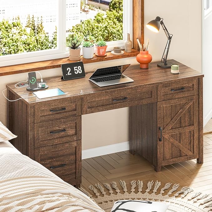 Vabches Farmhouse 61'' Executive Desk with 5 Drawers, Rustic Office Desk Computer Desk with Charging Station, File Drawers and Storage Cabinet, Wood Workstation for Study and Home Office, Red-Brown.