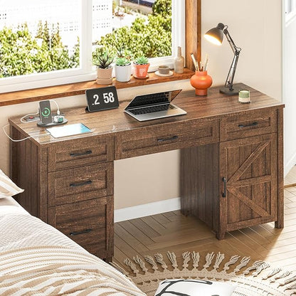 Vabches Farmhouse 61'' Executive Desk with 5 Drawers, Rustic Office Desk Computer Desk with Charging Station, File Drawers and Storage Cabinet, Wood Workstation for Study and Home Office, Red-Brown.