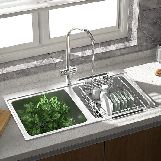 JAQ Dish Drainer in Sink Adjustable 14.96" to 22.44", Expandable 304 Stainless Steel Metal Dish Drying Rack Organizer with Stainless Steel Utensil Holder Over Inside Sink Counter