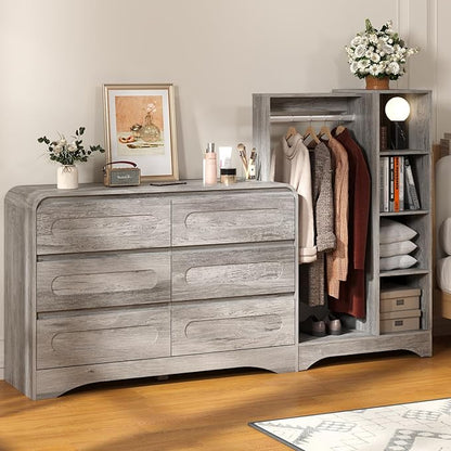 Dresser with Clothes Hanging Rack, Pre-Installed Slides for Fast Installation, 3-in-1 Wardrobe Closet with Drawers and Shoe Shelves, Modern Wood Storage Armoire for Bedroom, Grey