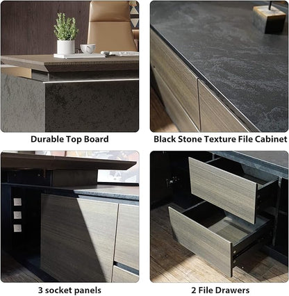 78.74" Adjustable Height L-Shaped Executive Desk with LED Light Strip - Black Inverted Trapezoid Design, Includes Storage Cabinet with Drawers & Doors, Ergonomic Standing Office Desk for Home & Office