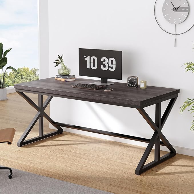 IBF 60 Inch Long Office Desk, Modern Metal Wooden Grey Writing Study Computer Desk for Bedroom, Farmhouse Big Simple Home Office Desks Executive Work Pc Table for Student, Dark Gray Oak