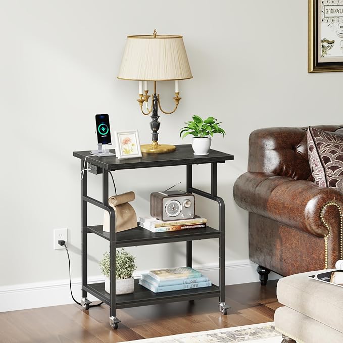 YAOHUOO 3 Tier Large Printer Stand with Power Outlet/Adjustable Shelf | 23.6"x19.6" Large Top,Fit 2-3 printers,Rolling Cart with Wheels,Table for Home Office,Fit 3D Printer/Heat Press/Laser,Black