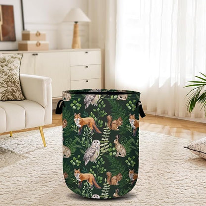 Watercolor Fox Hare Owl Squirrel Laundry Basket, Forest Animals Plants Laundry Hamper Collapsible Oxford Cloth with Handle Clothes Toy Storage Bin for Bathroom Laundry Room Bedroom 15.7 X 20 Inch