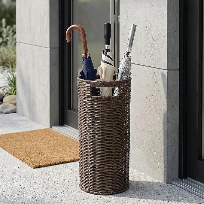 Rattan Umbrella Holder for Entryway with Drip Tray, 21''H Round Umbrella Stand for Indoor & Outdoor, Tall Wicker Basket for Storage, Woven Organizer for Home, Office, Hotel, Shop, Brown